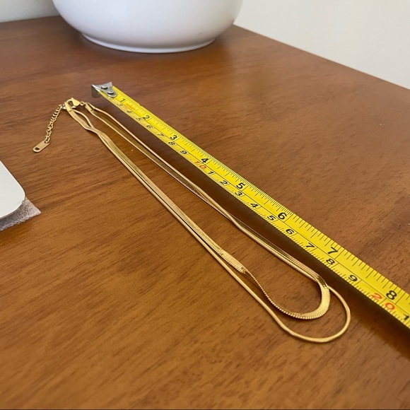 NEW 14K Gold Plated Double Layer Flat Herringbone & Thin Snake Chain Necklace - Picture 6 of 12